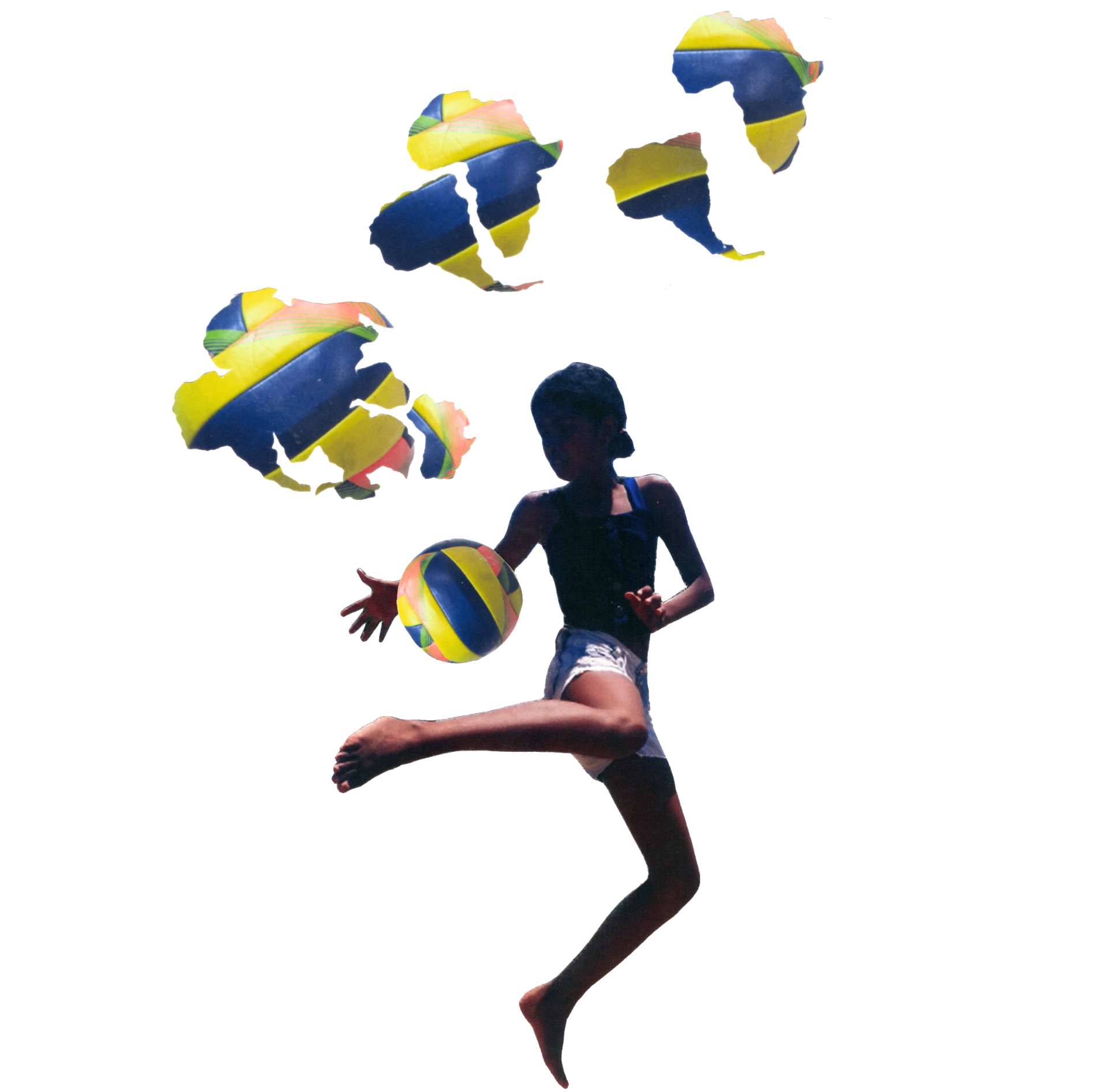 Criança jogando bola com mapas da África e América do Sul